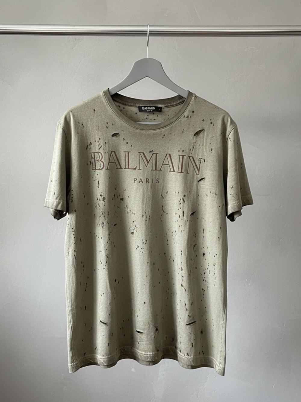 Balmain Olive Green Distressed Logo T-Shirt authentic